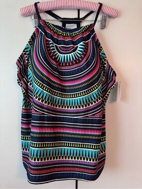 High-Neck Multicolor Tribal Print Tankini Top